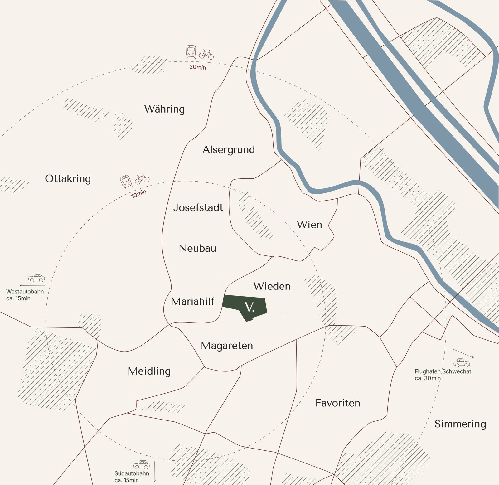 Illustrierte Karte Wiens: V.Yard in Margareten mit 10- und 20-Minuten-Radius zu Fuß und per Rad, Bezirke, Ausfahrten Süd und West sowie Flughafen Schwechat