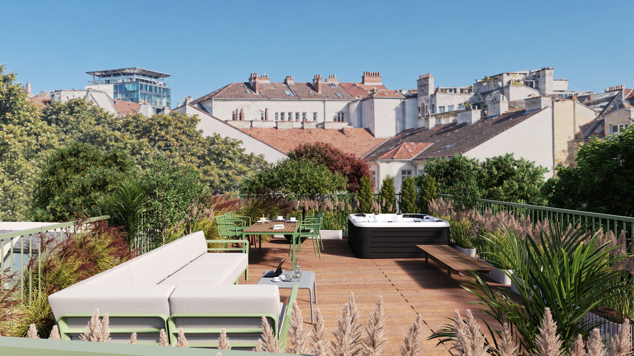 Dachterrasse des Rooftop Apartments mit Blick über die Dächer von Margareten