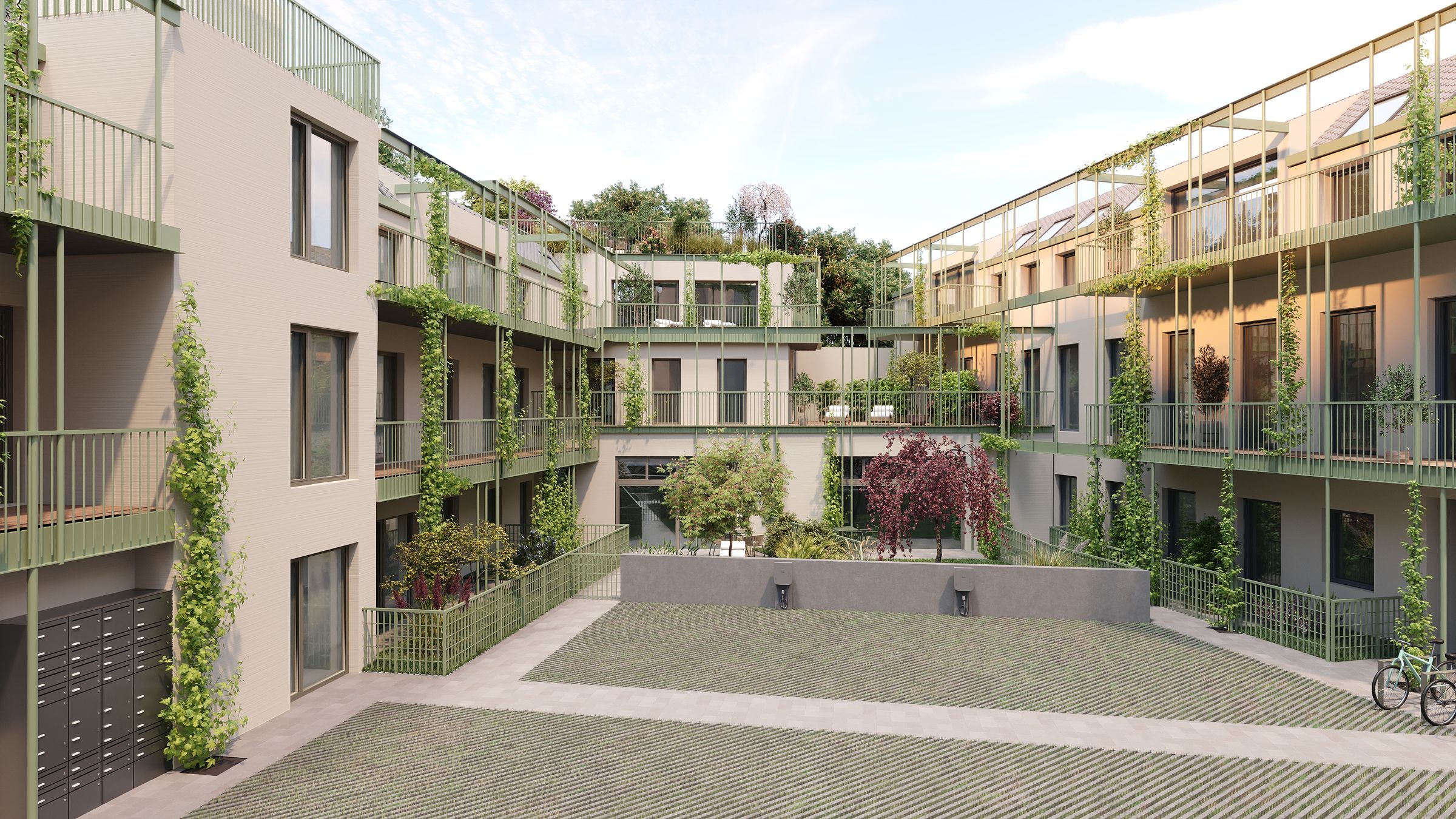 Der Innenhof von V.Yard: begrünte Stahlbalkone, Pawlatschen und Hofgarten hinter der Wienzeile, Visualisierung