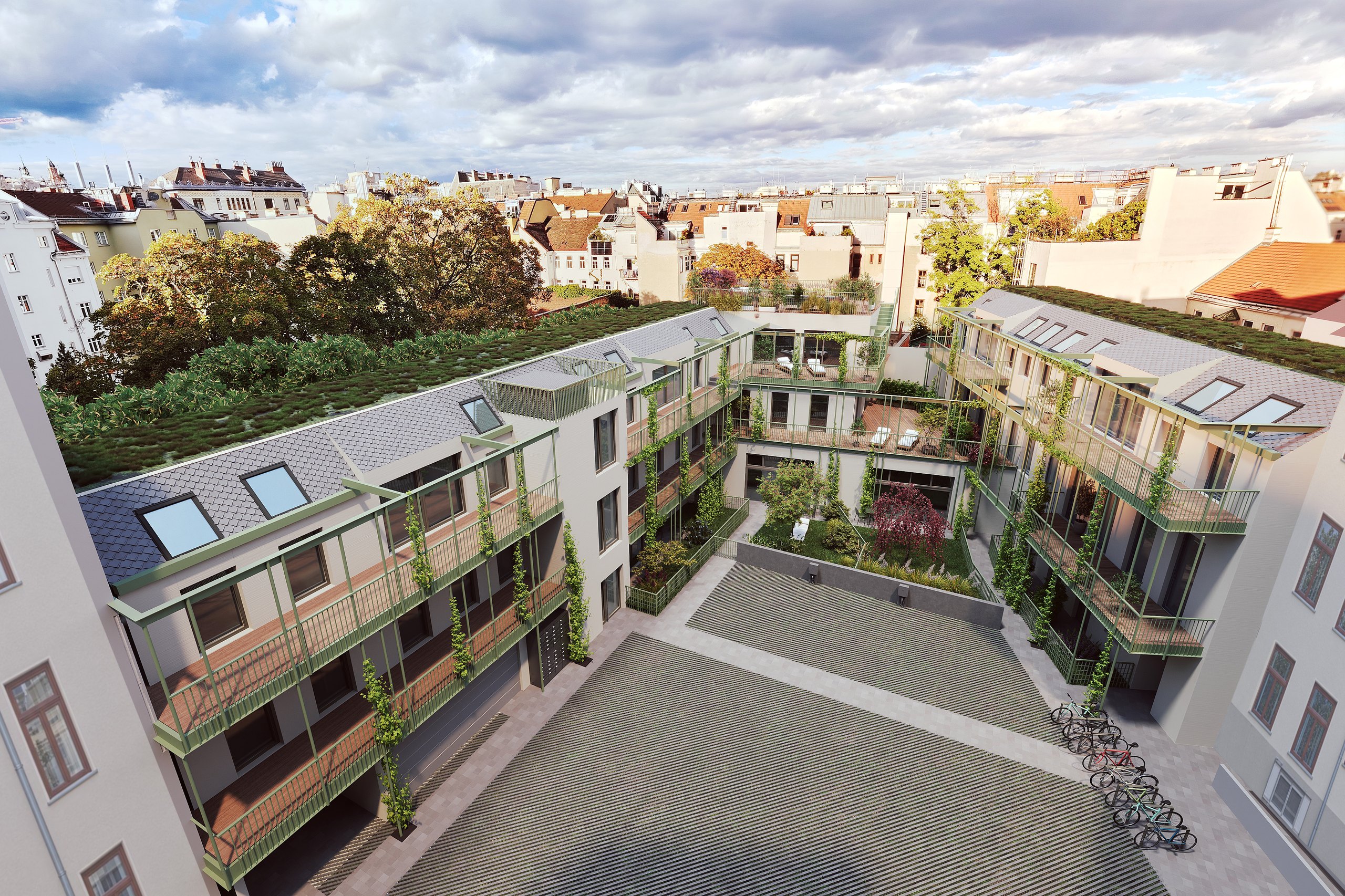 Der Innenhof von V.Yard von oben: Pawlatschen in Salbeigrün, Hofgarten und begrünte Dächer über den Dächern von Margareten, Visualisierung