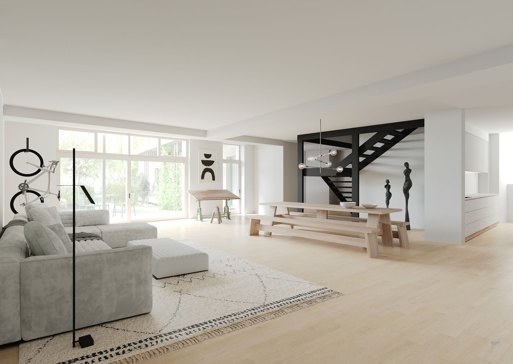 Wohnraum eines Townhouses mit Treppe ins Obergeschoss