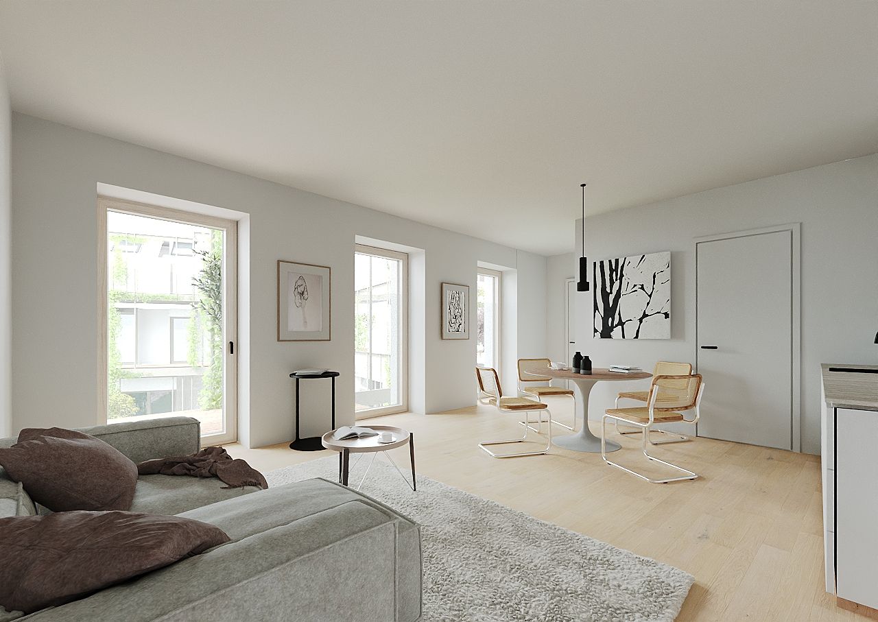Wohnraum eines Courtyard Apartments mit Blick in den Hof