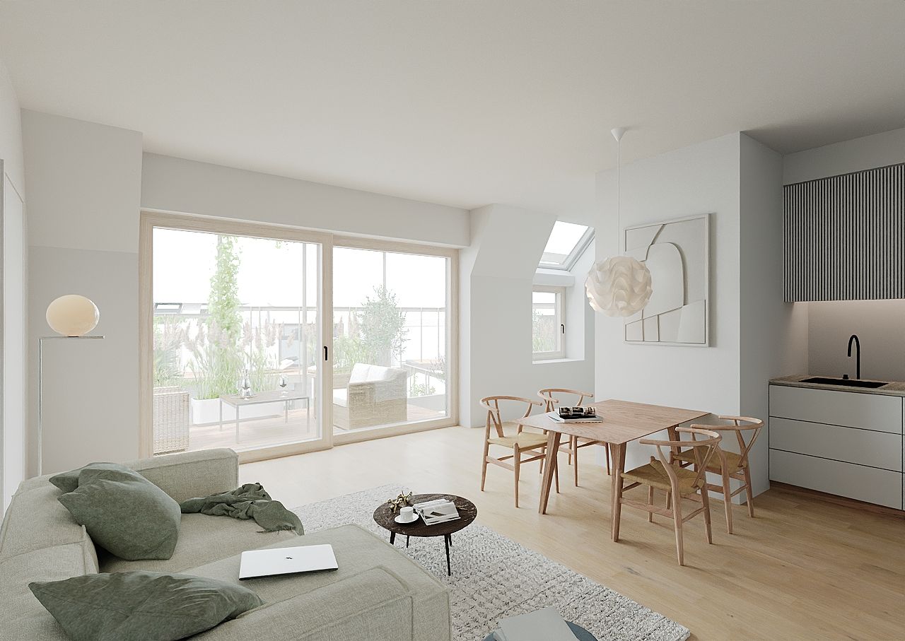 Wohnraum eines Courtyard Apartments mit Blick auf die begrünte Terrasse