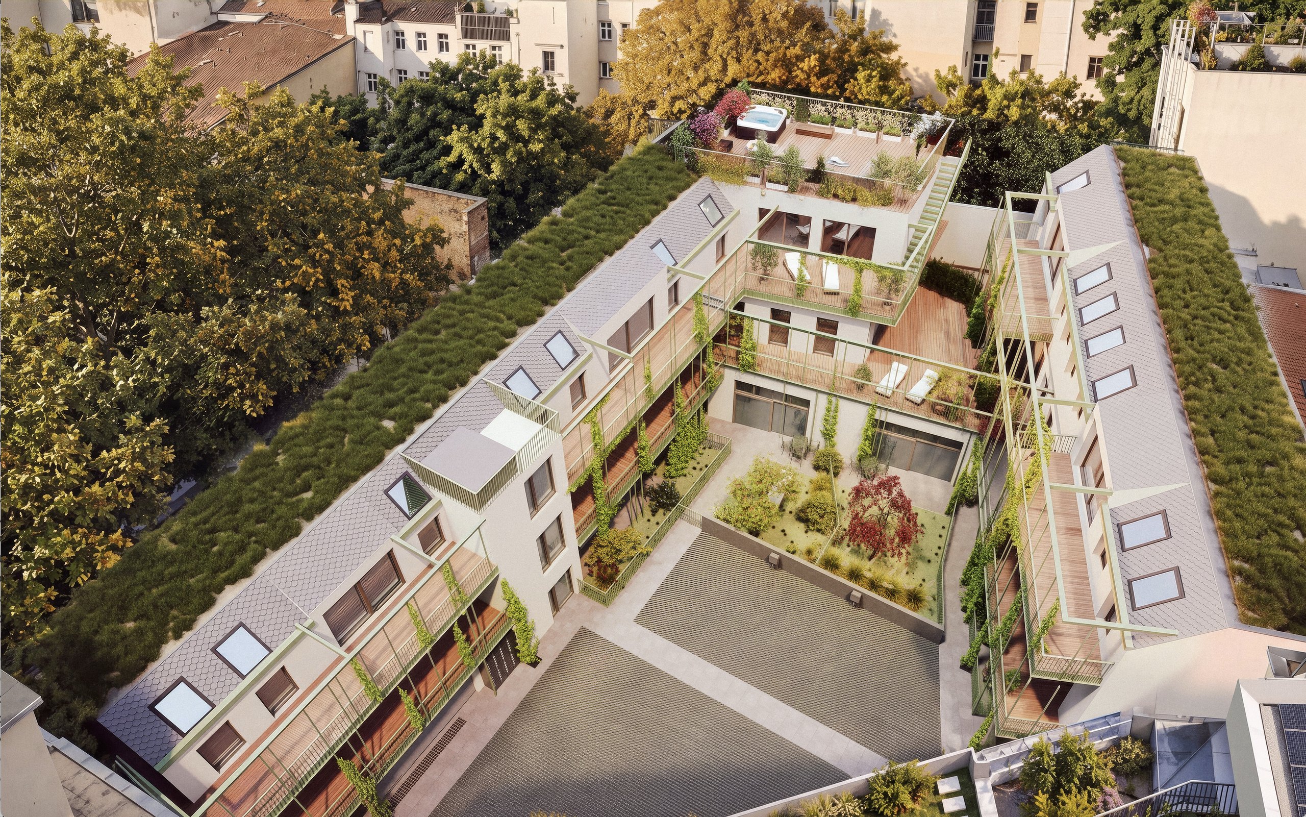 V.Yard aus der Luft: begrünte Dächer, Pawlatschen und der Hofgarten hinter der Wienzeile, Visualisierung