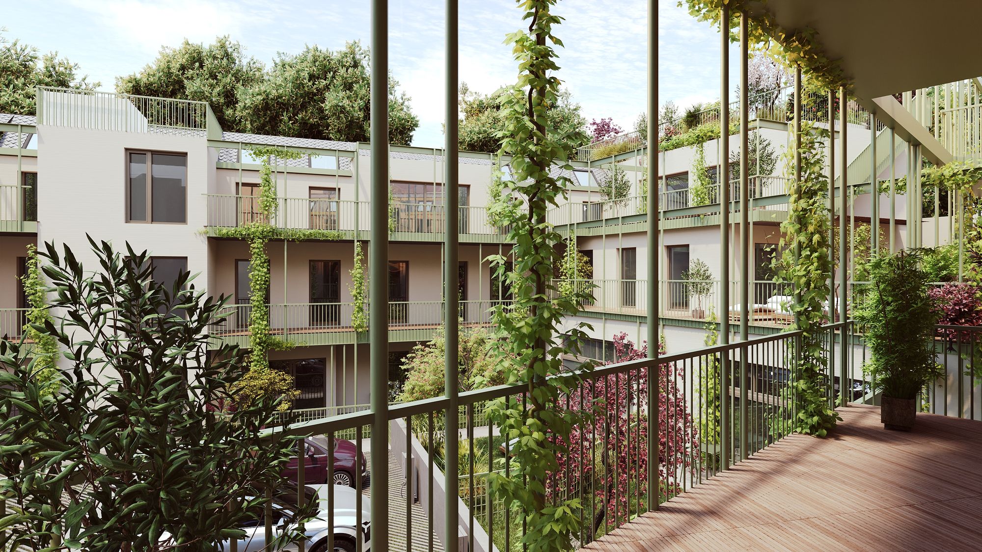 Blick von der Pawlatsche über den begrünten Hof