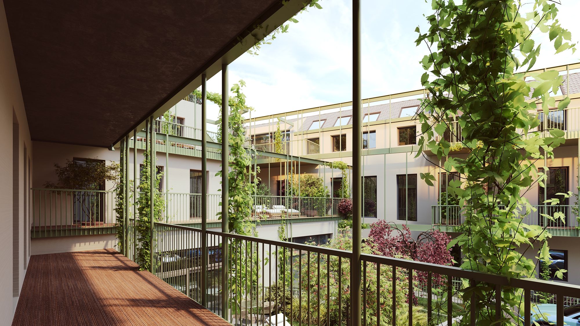 Rankgerüst mit Kletterpflanzen an der Pawlatsche, V.Yard Innenhof